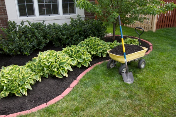 Image of premium mulch in a landscape bed outside a home