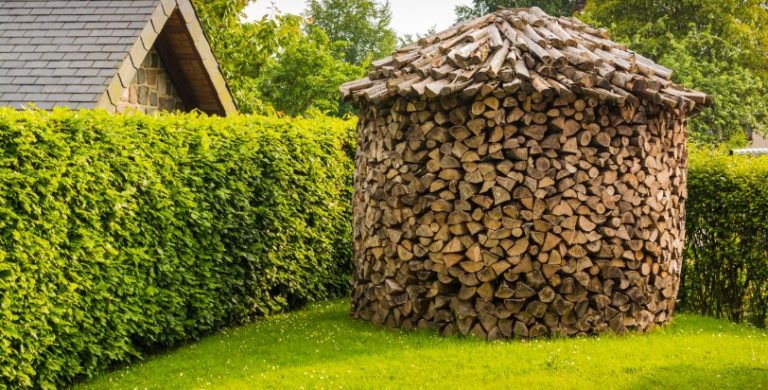 Elaborate firewood stack in a back yard