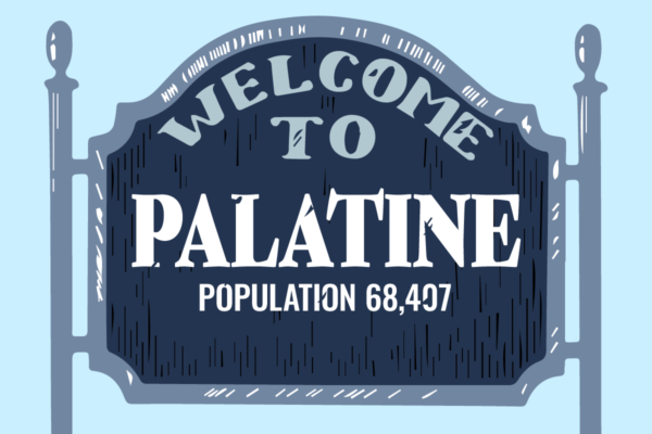 Town welcome sign for Palatine IL with population