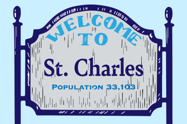 Welcome sign for St. Charles, IL with population of 33,103