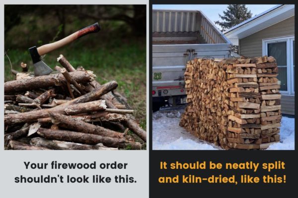 Graphic comparing muddy green firewood to kiln-dried firewood from Lumberjacks